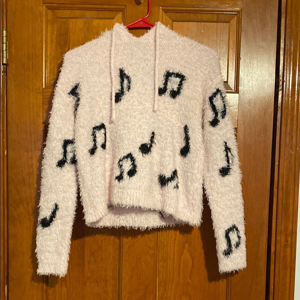 Hot Topic Soft Light Pink Cropped Hoodie w/ Black Music Notes